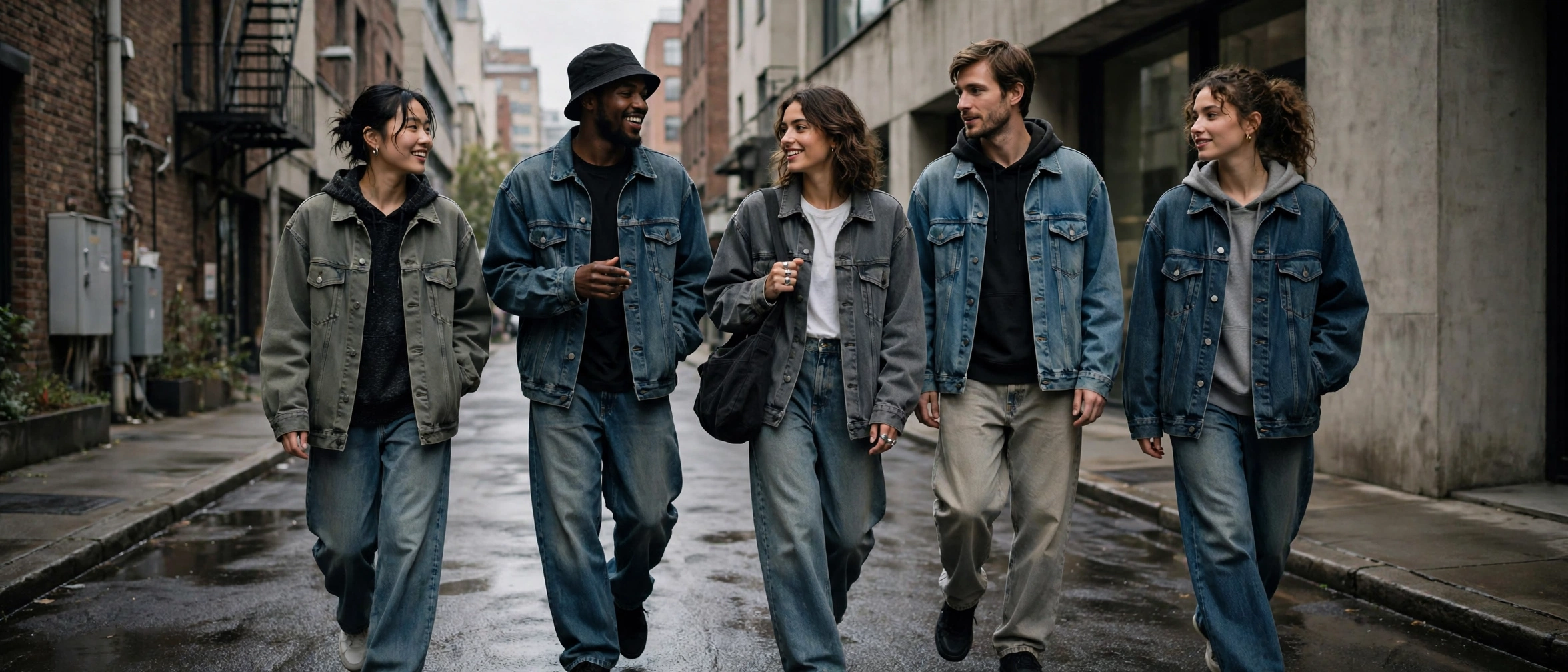 Five young people in streetwear walking down a city street