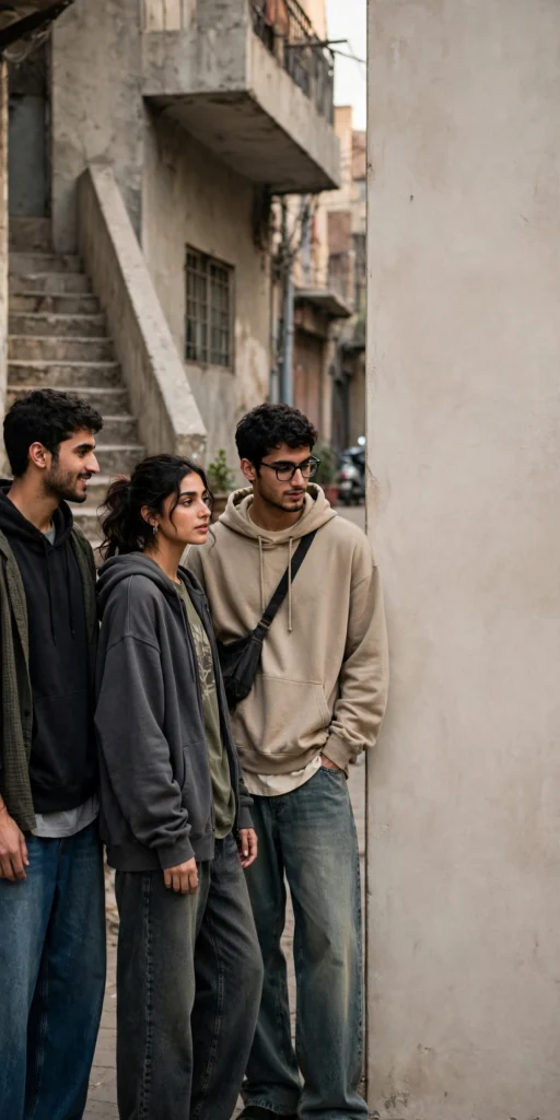 Three young people in streetwear hoodies on a city street