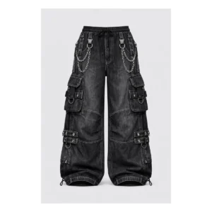 Black chain cargo pants, front view.