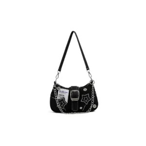 Black denim buckle shoulder bag with star chain, front view.