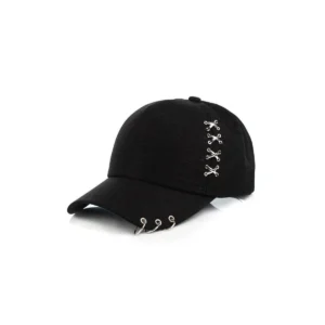 Black pierced X baseball cap, front view.