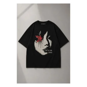 Black star face graphic tee, front view.