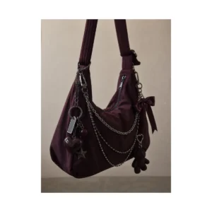 Burgundy charm shoulder bag, front view.