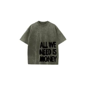 Olive washed All We Need Is Money tee, front view.