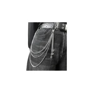 Silver multi-layer star charm pants chain, front view.
