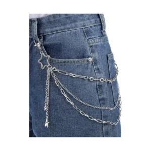 Silver star connector multi-layer pants chain, front view.