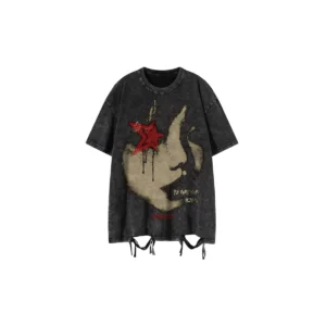Washed charcoal star face graphic tee with tied hem, front view.