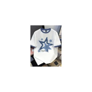 White blue star ringer tee, front view.
